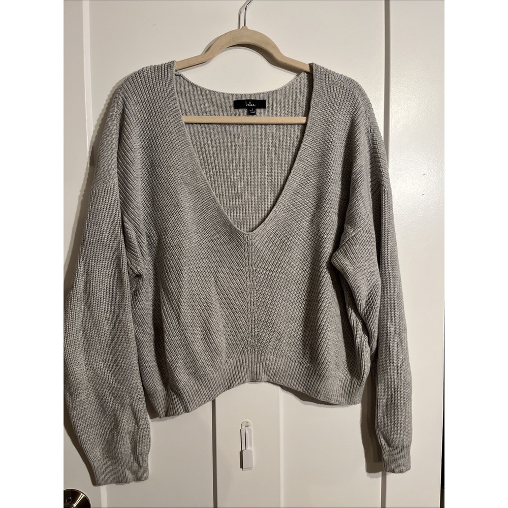 Lulus Women's Gray Knit V Neck Long Sleeve Sweater Size Large
